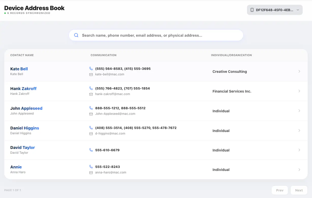 Device contact list interface showing synchronized contacts with names, phone numbers, email addresses, and organization labels in a searchable list
