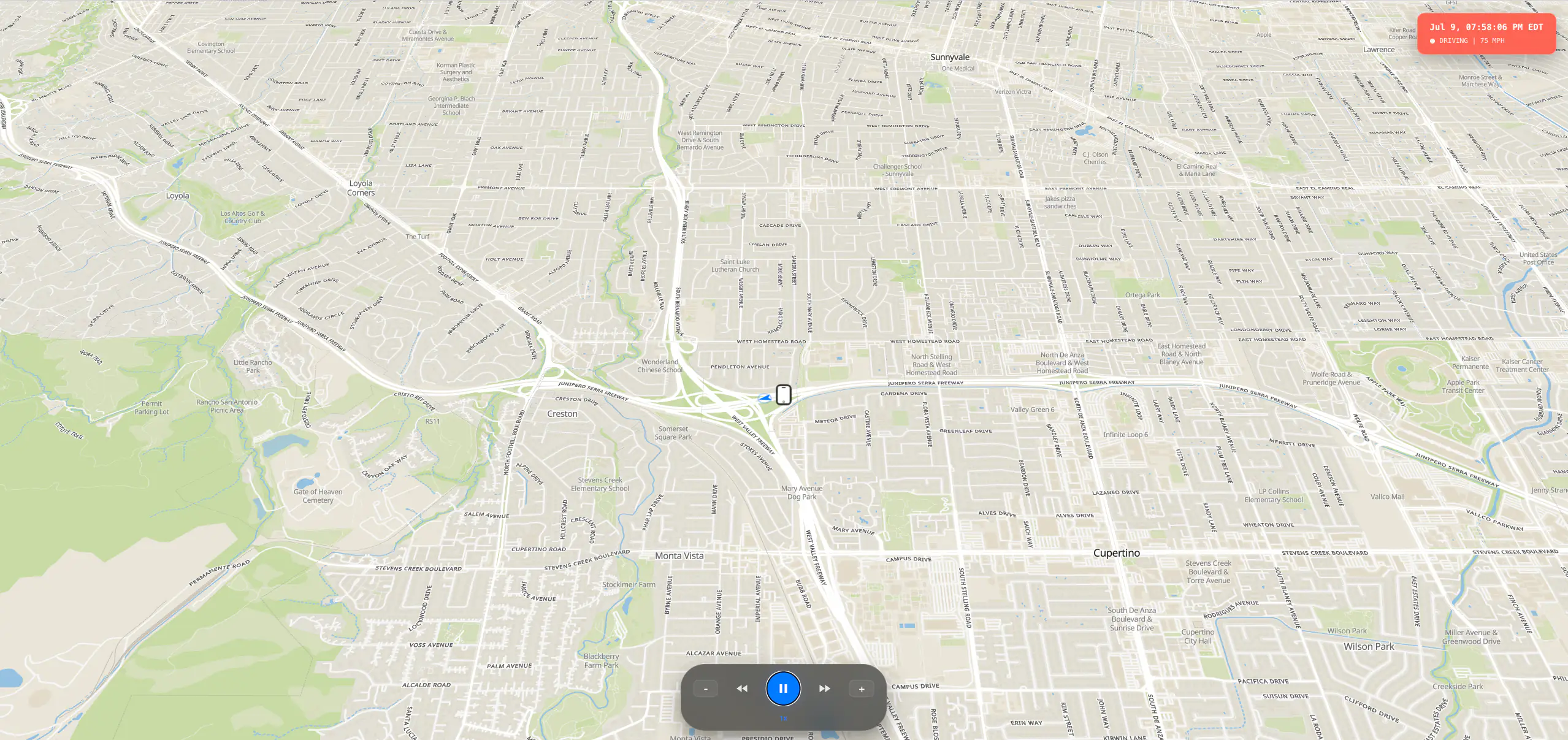 Trip playback interface showing a device traveling at 75 MPH on July 9th with timeline controls for rewinding and fast-forwarding through the recorded route
