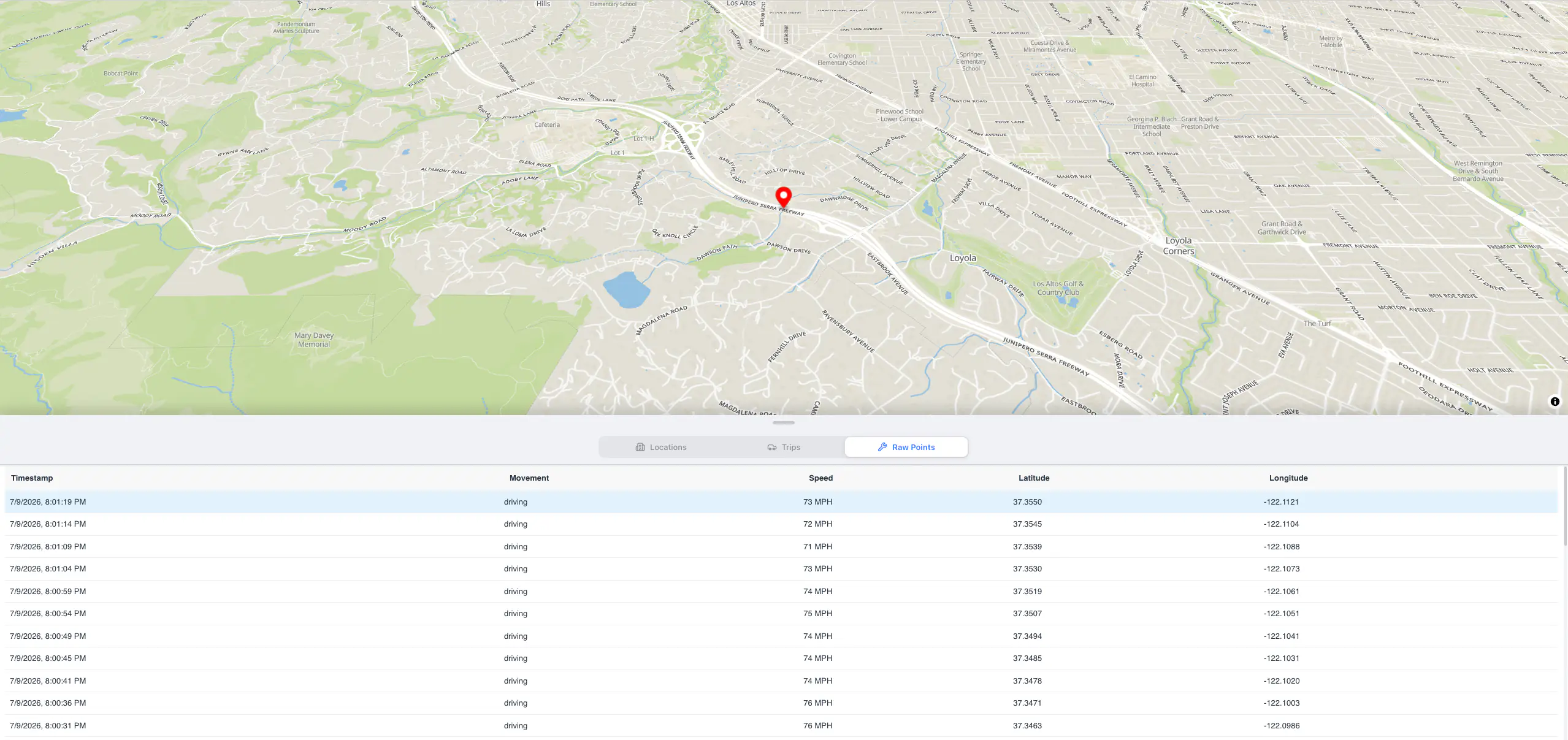 Detailed location telemetry table showing timestamps, movement type, speed in MPH, and exact latitude and longitude coordinates for each GPS data point