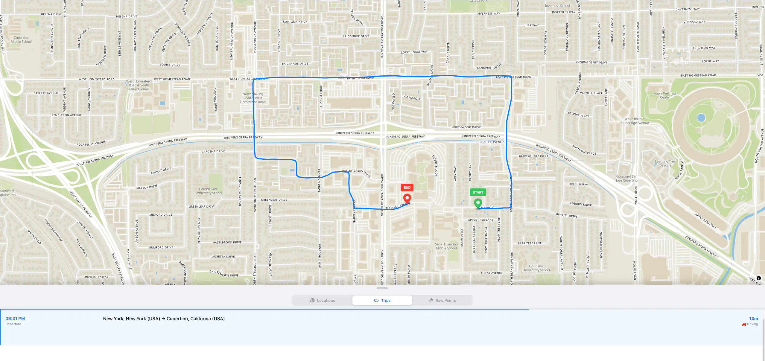 Historical trip record showing a mapped driving route with departure at 9:31 PM, 13 minute duration, and start and end location markers on the map